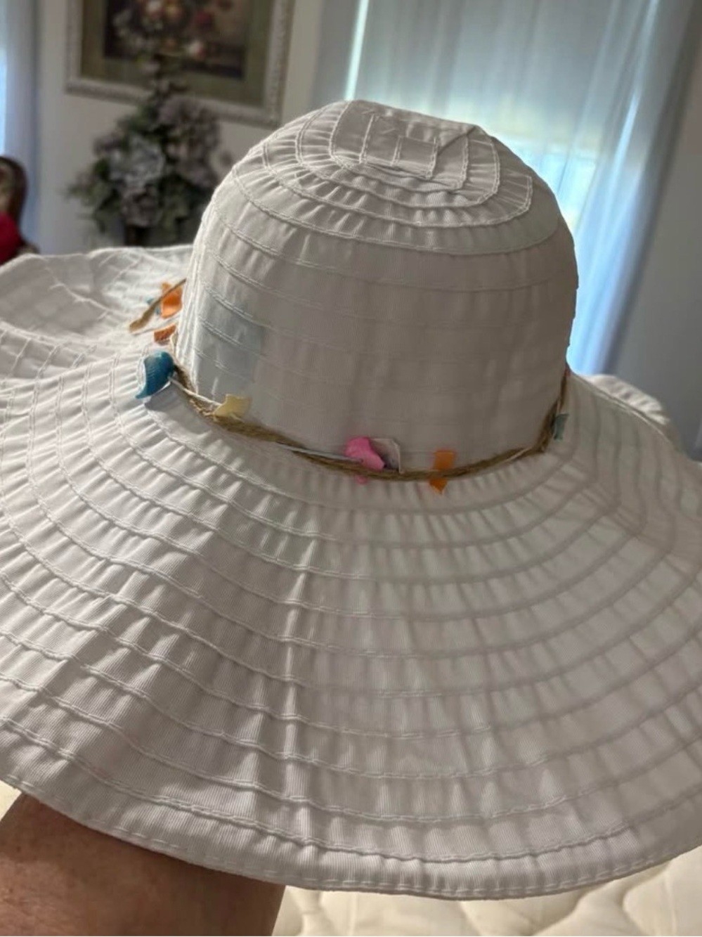 Panama Jack White Wide-Brim Sun Hat with Colorful shell Trim